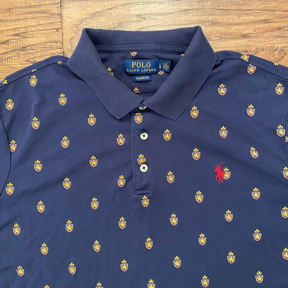 Polo Ralph Lauren Polo Shirt Mens Large Navy Blue Crest Print Classic Fit L